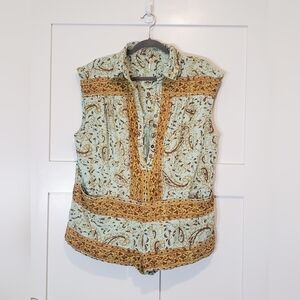 Free People Telly Floral Romper Cotton Front Pockets Light Green Gold Size Small